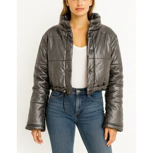 Nova Vintage Metallic Black Cropped Puffer Jacket Drawstring Hem Coat